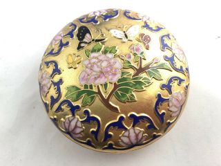 Chinese Enamel Round Chun Cloisonne Box Trinket Dresser Jar Butterfly Flower Vtg