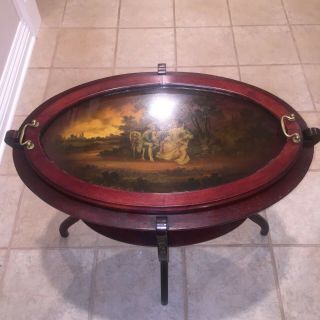 Vintage Rare Mahogany Serving Table With Hand Painted Inlay Glass Lift Top