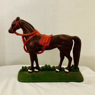Rare Vintage Antique Cast Iron Horse Door Stop Red Brown Saddle