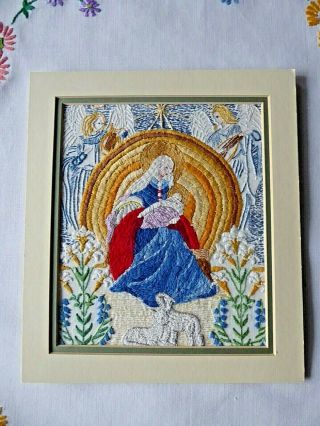 Vintage Hand Embroidered Picture Panel/madonna & Child/christmas/religious