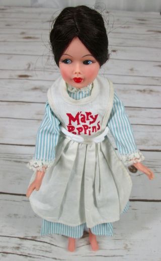Vintage Horsman Mary Poppins Doll 12 " Hard Plastic Blue Stripe Dress Apron