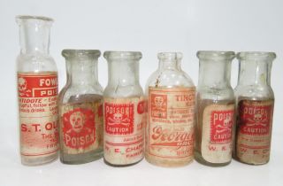 6 Old Antique Vtg Pharmacy Glass Poison Skull Crossbones Bottles W/paper Labels