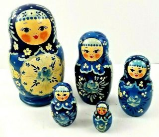 Vintage 5 Matryoshka Russian Nesting Dolls Set Blue Floral Wood Hand Painted 6 "