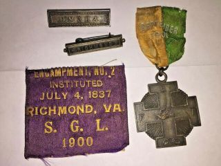 Antique Odd Fellows Ribbon & Medal Sept 1900 & Richmond & Omaha Pins & Old Label