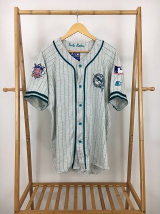 Rare Vtg Starter Florida Marlins Mlb Miami Pinstripe Baseball Jersey Size Xl