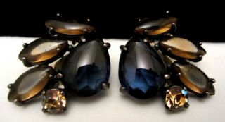 Rare Vtg 1 - 1/4 " Signed Schiaparelli Silvertone Blue Amber Glass Clip Earrings A3