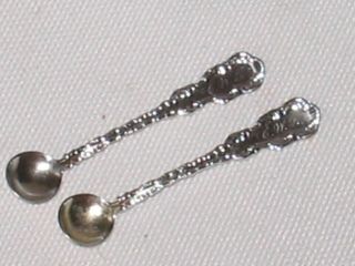 2 Sterling Silver Salt Spoons 2.  25 " Initials C.  W.  F.  Ornate Design