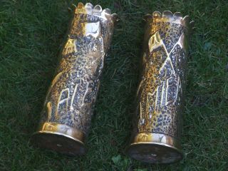 2x Rare Pair Ww1 Trench Art Shells 1919 Somme Amiens,  Albert,  Flags & Flowers