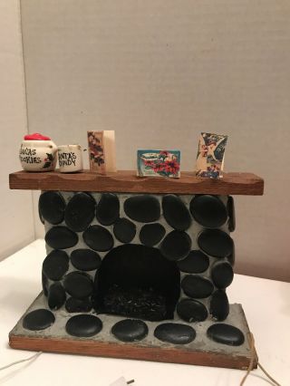 Vintage Miniature Doll House Furniture Wood Stone Fireplace Mantle