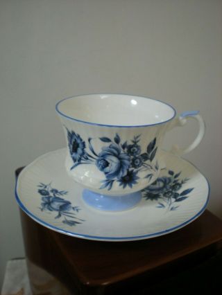 Vintage Royal Crest Blue Rose Footed Teacup & Saucer,  Fine Bone China England