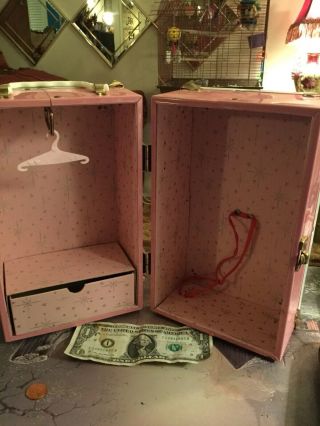 Vintage Pink Metal Small Doll Wardrobe Clothing Trunk Carrying Case Steamer