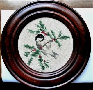 Antique Cross Stitch Christmas Motif Bird On Holly Branch Round Framed Wall Art