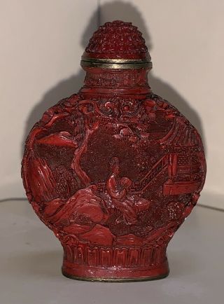 Vintage Chinese Red Snuff Perfume Bottle Carved In Cinnabar Lacquer Signed