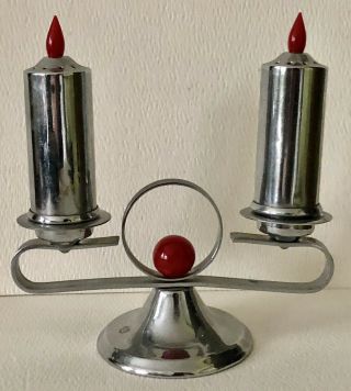 Antique Chrome Candles Red Bakelite Flame Salt & Pepper Shakers Set Deco Stand