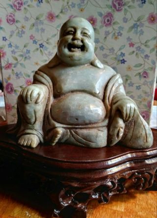 5 " X6 " Jade Green Sitting Laughing Carved Stone Buddah Figure W/carved Wood Stand