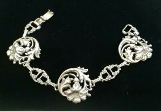 Antique Art Deco Nouveau Heavy Sterling Silver Hibiscus Flower Bracelet