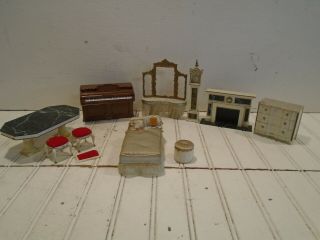 Ideal Doll House Furniture - Vintage Bedroom,  Piano,  Clock,  Fireplace,  Dining