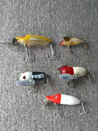 5 - Vintage Heddon Fishing Lures (tiny Crazy Crawler,  Floating Runt,  Lucky 13.