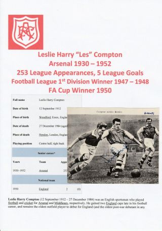 Les Compton Arsenal 1930 - 1952 & England International Rare Autograph