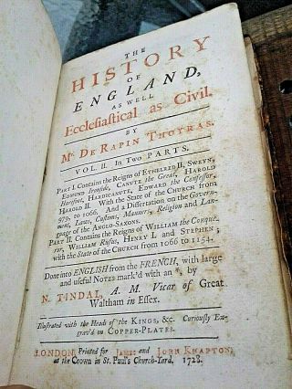 Antique Book History Of England,  1728,  By Mr De Rapin Thoyras With Genealogy