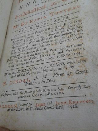 ANTIQUE BOOK HISTORY OF ENGLAND,  1728,  BY MR DE RAPIN THOYRAS WITH GENEALOGY 3