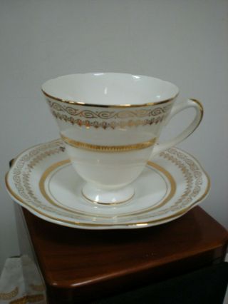 Crownford Fine Bone China Tea,  Footed Cup & Saucer - Gold Leaf,  Made In England