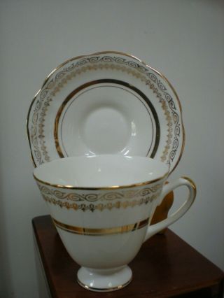 Crownford Fine Bone China Tea,  FOOTED CUP & SAUCER - Gold Leaf,  Made in England 2