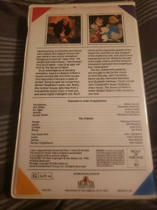 The Secret of NIMH (VHS,  1982) 1986 Release - Viddy Oh For Kids - RARE 2