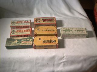Vintage Old Fishing Lure Group Of 7 Empty Boxes Creek Chub Heddon & More
