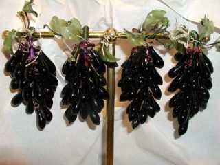 Vintage Hand Made/blown Solid Glass Grape Cluster W/ Leaves & Faux Wood Stem.