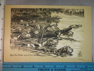 Rare Antique Orig Vtg C1900 W The Otter Round His Neck Hunting Litho Art Print
