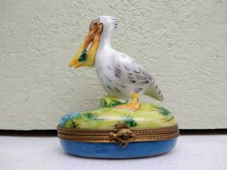 Peint Main Limoges France Porcelain Pelican Trinket Box Rare Hard To Find