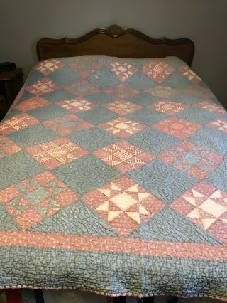 Antique Full - Size Quilt Blue Vintage Hand Stitched Homemade Repair Or Cutter