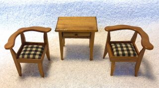 Vintage Dollhouse Furniture Wooden Chairs End Table Gingham