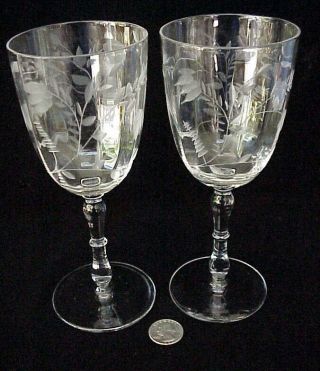 2 Antique Or Vintage Elegant Cut Etched Crystal Water / Wine Goblets