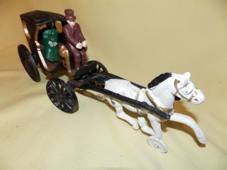 Vintage Antique Cast Iron White Horse Drawn Carriage Cart Toy Man Driver Rider