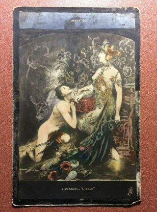 Antique Art Nouveau Salon Paris Postcard 1903 Man Nude Woman Witch Idol Worship