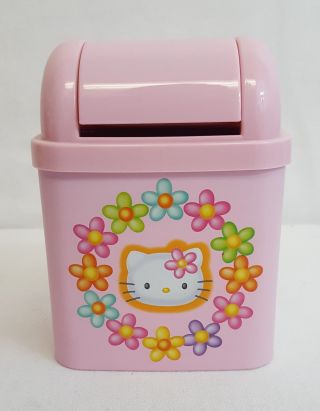 Vtg 1997 Sanrio Hello Kitty Pink / Multi Color Flowers Tin Waste Trash Can Rare