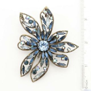 Vintage Schreiner Signed Blue And Ab Rhinestone Flower Brooch - Unique And Rare