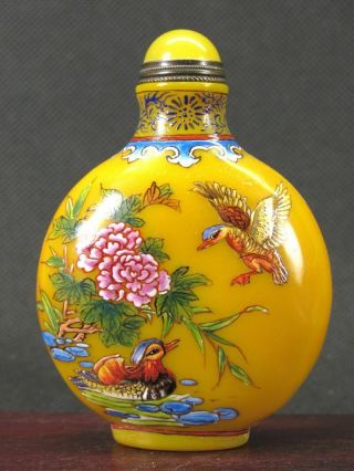 Chinese Mandarin Duck Hand Painted Peking Enamel Glass Snuff Bottle
