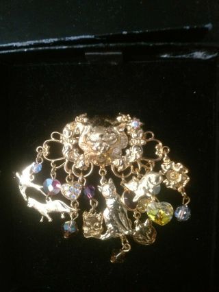 Kirks Folly Very Rare/signed " Cats & Kittens Brooch/pendant W/charms " Fabulous