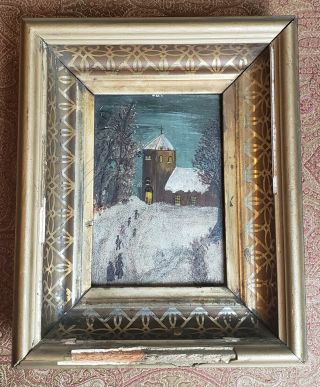 Antique Folk Art Winter Landscape Oil Painting Gold Gilt Frame