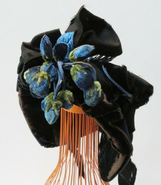 Antique Large Dark Blue Velvet Doll Bonnet With Ribbons And Cluster Of Berries