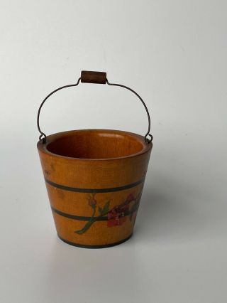 Vintage Miniature Painted Wooden Bucket Pail 4” Dolls Miniature