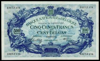 Belgium 500 Francs Au 1942 Pick 109 Large Size Note Rare Banknote