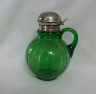 Vtg Rare Depression Glass Syrup Pitcher Globe Melon Jar Dark Green Metal Lid Htf