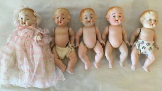 Set Of 5 Vtg Bisque Baby Doll Made In Occupied Japan 7 " Molded Hair Painted Face