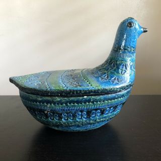 V.  Rare Vintage Mcm Italian Pottery Bird Lidded Bowl Raymor Bitossi Rimini Blue