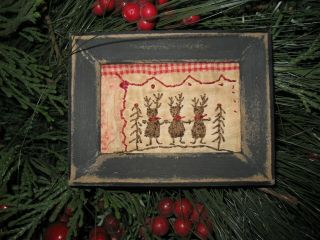 Primitive Tiny Sampler The Dancing Reindeer Early Worn Quilt Christmas Folk Art
