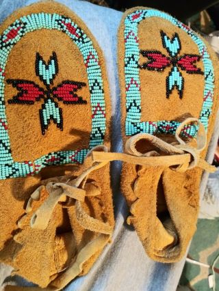 Antique Native American Indian Beaded Moccasins Beaded Buckskin Leather Vintage